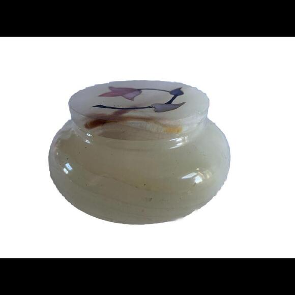 Hand Carved Onyx Trinket Bowl Jar Lid Inlaid w/ Mother of Pearl Flowers Pakistan - Picture 3 of 15